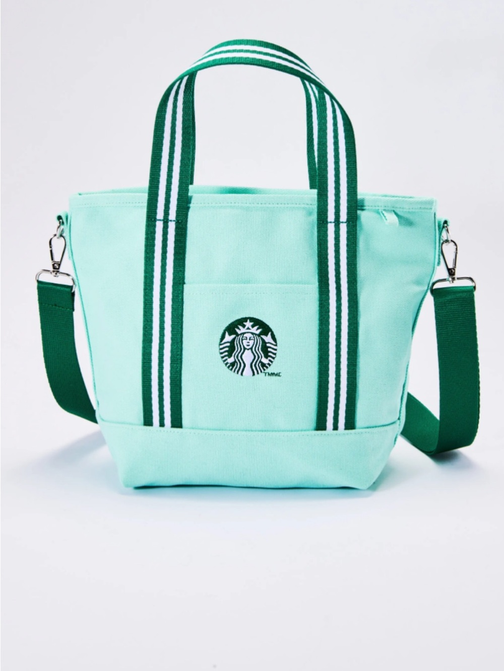 Starbucks Mint Green Canvas Tote with Dark Green Striped Handles